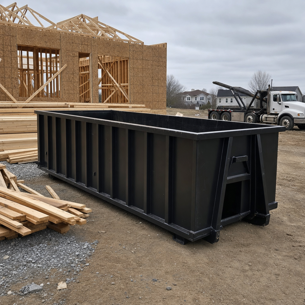 Matte-black 40-yard roll-off dumpster staged on a framed-out residential construction site in Bethlehem, framing lumber stacked nearby, hooklift delivery truck visible in the background under bright Colorado daylight
