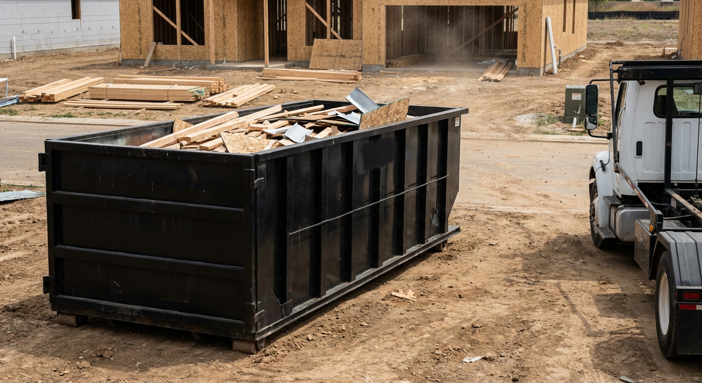 Matte-black 20-yard roll-off construction dumpster with heavy ribbed steel sidewalls and swing rear doors at a working jobsite in Bethlehem, sitting directly on compacted dirt with an unmarked white hauler partially visible at the far edge of the frame.