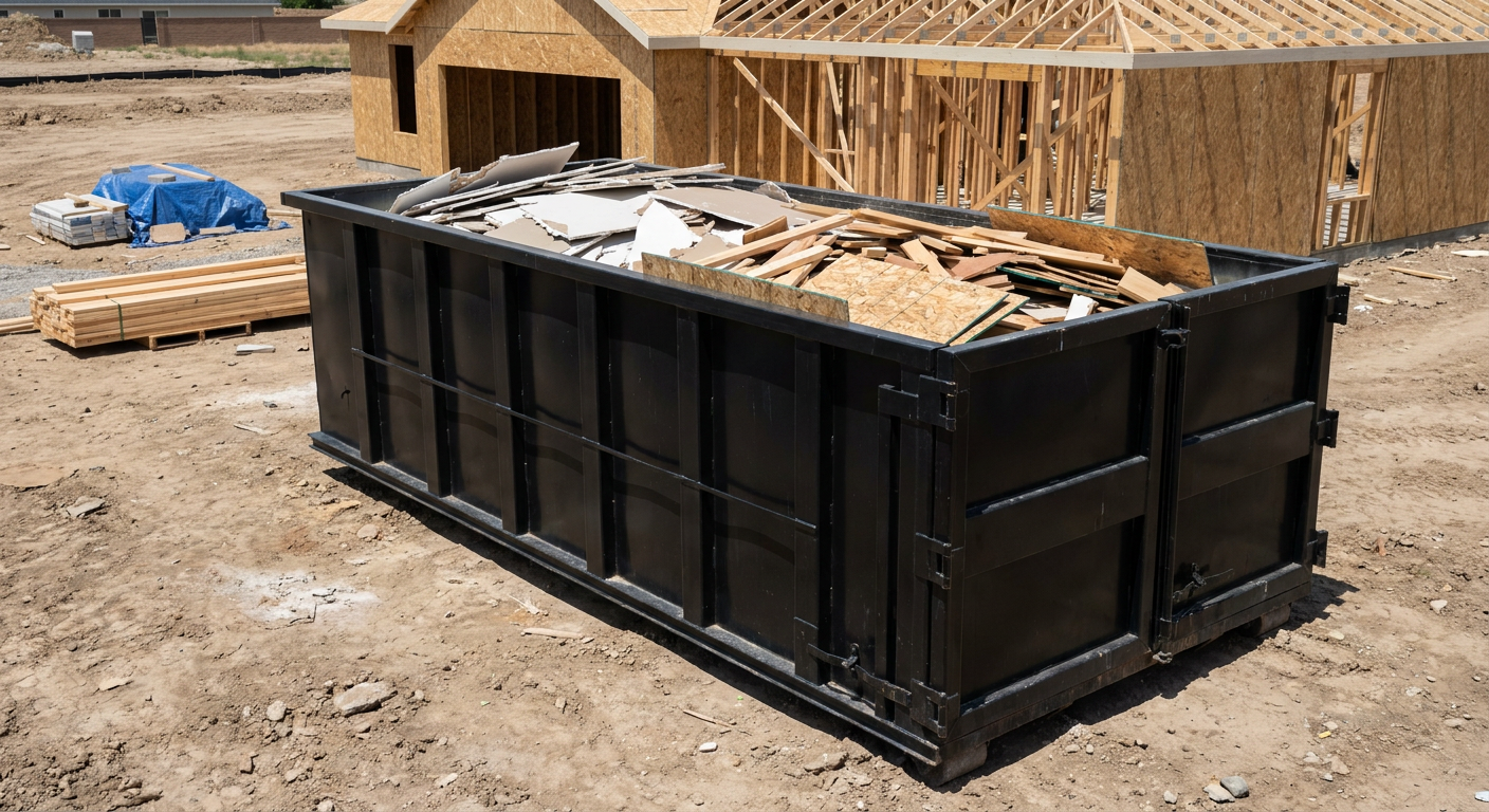 Matte-black 30-yard roll-off construction dumpster sitting directly on the compacted-dirt site of a framed single-family home build in Bethlehem, drywall and lumber scrap loaded inside.