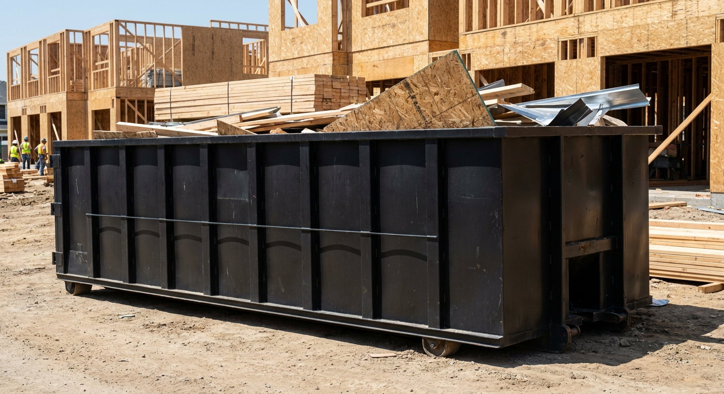 Matte-black 40-yard roll-off construction dumpster being lowered from a white-cab hooklift delivery truck onto the compacted-dirt jobsite at a commercial build site in Bethlehem