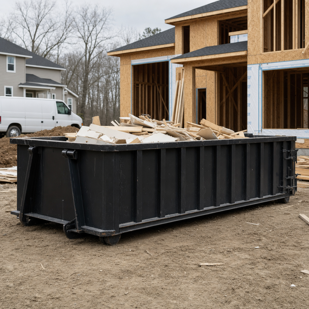 Worker in a yellow high-visibility vest tossing framing lumber and broken drywall into a matte-black 30-yard construction roll-off dumpster on an active build site in Bethlehem, bright daylight