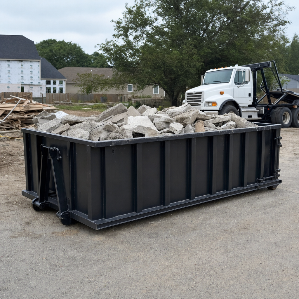 Low-profile matte-black lowboy roll-off dumpster loaded with broken concrete slab and rebar at a foundation tear-out in Bethlehem, skid steer parked beside it, sunny Colorado morning
