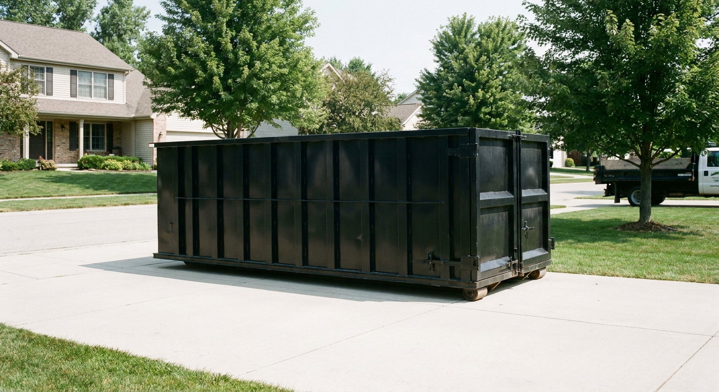 Matte-black 20-yard roll-off dumpster sitting level on a clean Bethlehem residential concrete driveway under bright daylight, demonstrating clean placement directly on the concrete.