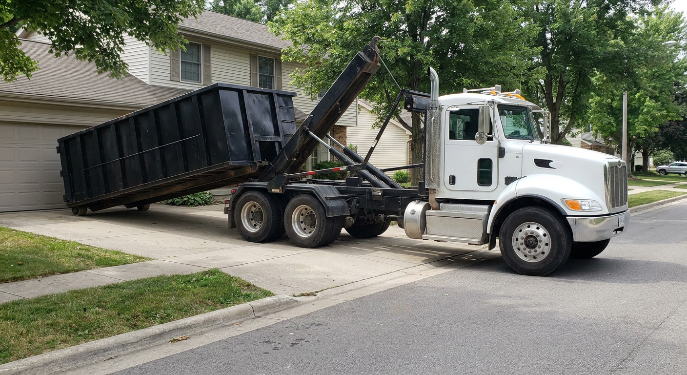 White-cab hooklift roll-off truck actively lowering a matte-black dumpster onto a Bethlehem residential concrete driveway, the dumpster's rear wheels touching the driveway as the hoist arm tilts the bed forward, mid-morning daylight.