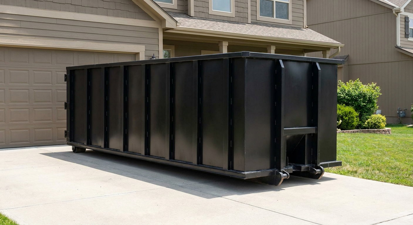 Matte-black residential roll-off dumpster sitting directly on a suburban Bethlehem concrete driveway, garage door closed, single-family home in background, bright morning daylight.