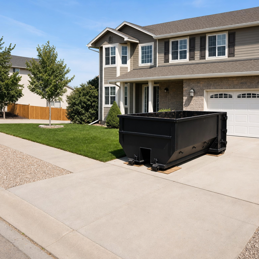10-yard matte-black residential dumpster placed directly on a narrow Bethlehem concrete driveway, room remains for a parked sedan beside it, mid-morning natural light