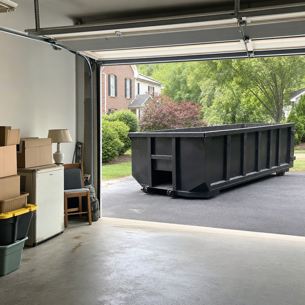 Open garage interior in a Bethlehem home mid-cleanout — boxed items, an old appliance, and stacked yard tools queued near the driveway for a matte-black roll-off dumpster, organized and calm