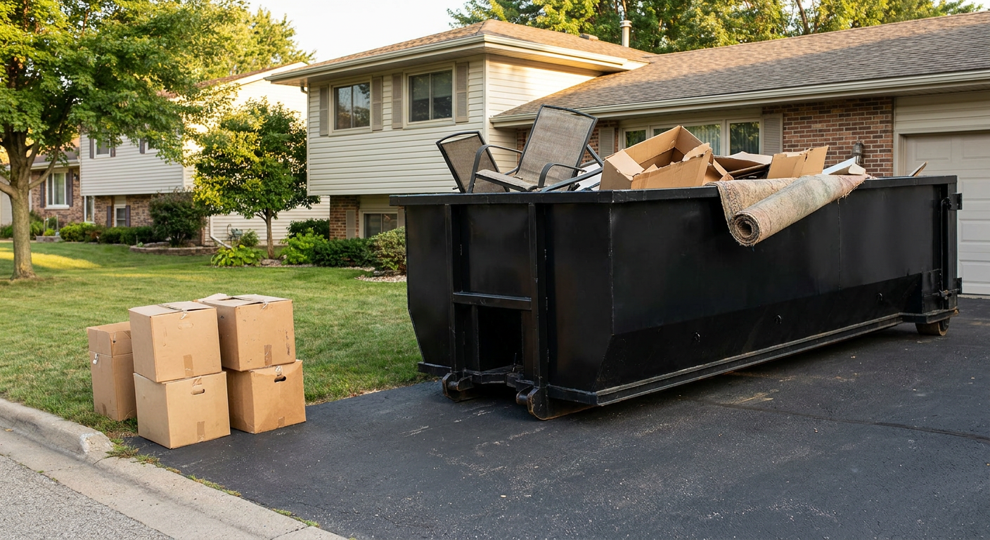 Front-yard view of a Bethlehem split-level home with a 20-yard matte-black roll-off dumpster sitting directly on the asphalt driveway, a few clearly labeled donation boxes staged at the curb, calm sunny afternoon.