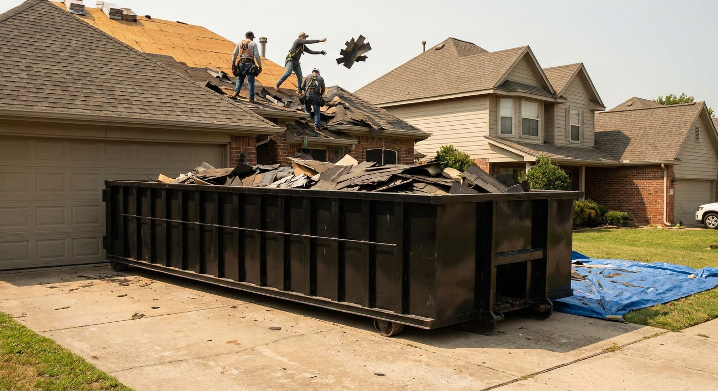 Matte-black roofing roll-off dumpster placed directly on a Bethlehem residential concrete driveway, a tear-off crew on a two-story asphalt-shingle roof tossing shingle bundles into the low-walled container, bright daylight, documentary 35mm perspective.