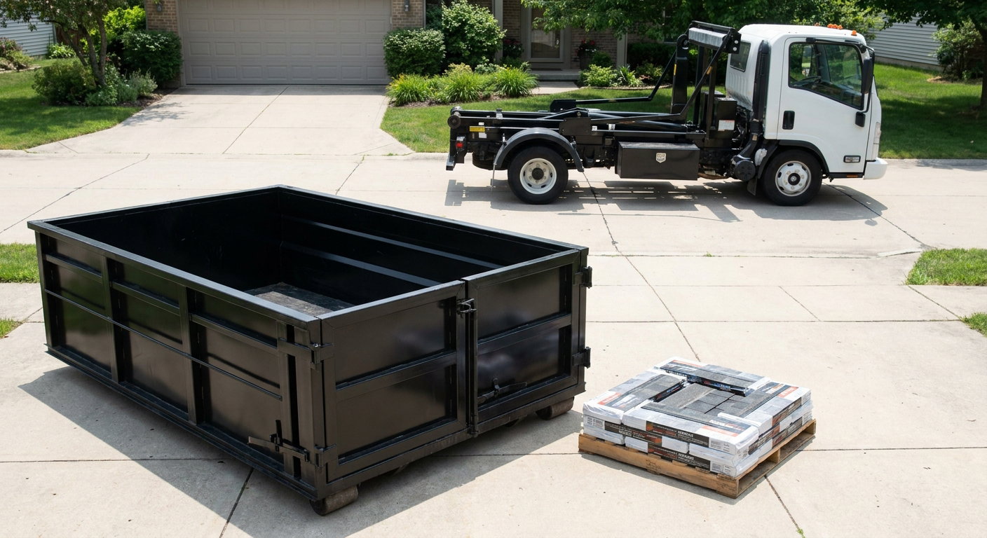 Matte-black 15-yard roofing roll-off dumpster with reinforced low side walls sitting directly on a Bethlehem residential concrete driveway, three-tab asphalt shingle bundles stacked nearby, an unmarked white hauler truck partially visible at the edge of the frame.