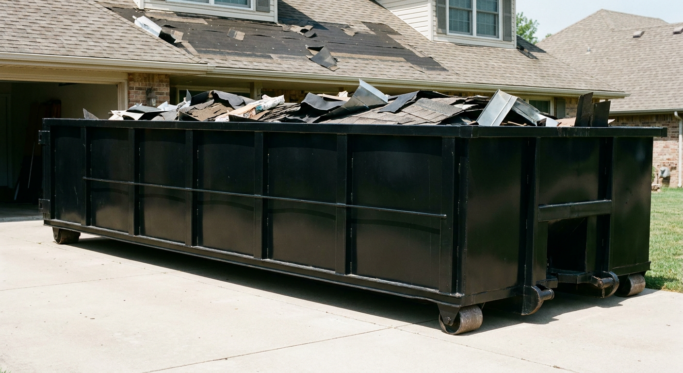 Matte-black 20-yard roofing roll-off dumpster with steel ribbed sides and swinging rear door, sitting directly on the concrete driveway of a two-story Bethlehem home, asphalt shingle debris being loaded over the low wall, clean documentary lighting.