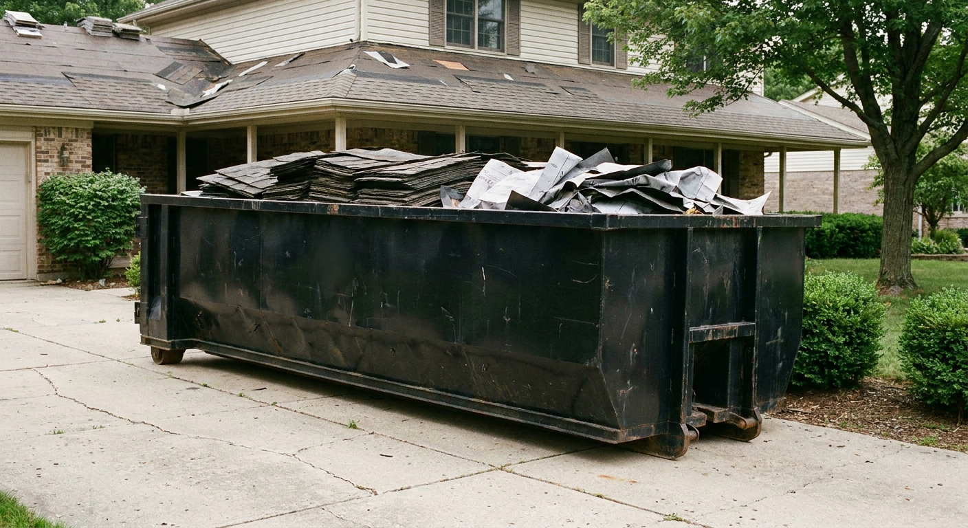 Matte-black 30-yard roofing roll-off dumpster sitting directly on a Bethlehem concrete driveway, taller ribbed steel side panels, mixed tear-off debris of asphalt shingles and underlayment inside, professional documentary daylight.