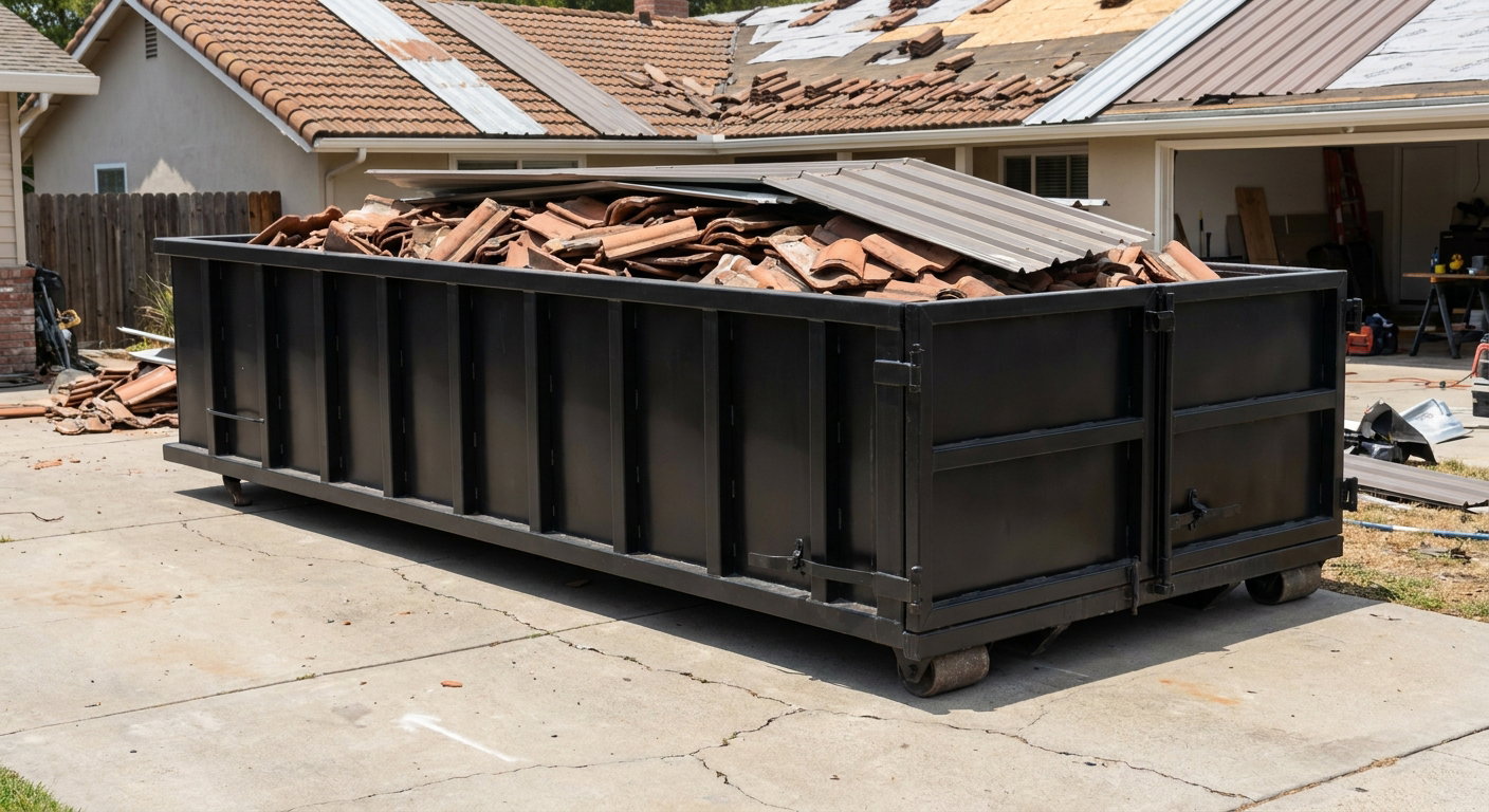 Matte-black low-wall heavy-debris roofing roll-off dumpster sitting directly on a Bethlehem concrete driveway, broken concrete clay roof tiles and metal panel sections loaded inside, reinforced ribbed steel side walls visible, bright outdoor daylight.