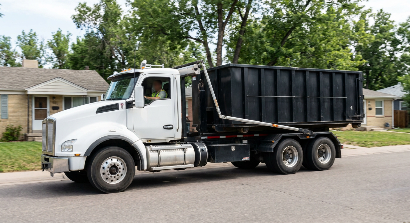 A wide documentary shot of a matte-black roll-off delivery truck pulling onto a quiet Bethlehem residential street at mid-morning, with neighborhood rooftops and tree-lined blocks visible behind, showing the metro coverage footprint.