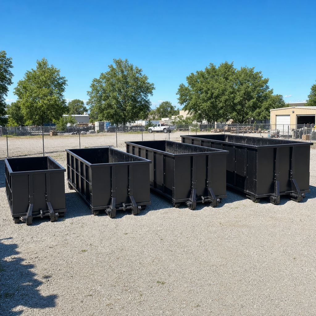 A clean lineup of matte-black roll-off dumpsters in 10, 20, 30, and 40-yard sizes staged on a sunlit gravel yard in Bethlehem, showing the size progression from compact to commercial-scale containers.