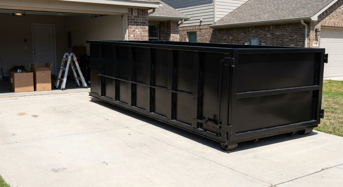 A matte-black 10-yard roll-off dumpster sitting directly on a residential Bethlehem concrete driveway, mid-day sunlight, clean and ready for a garage cleanout.