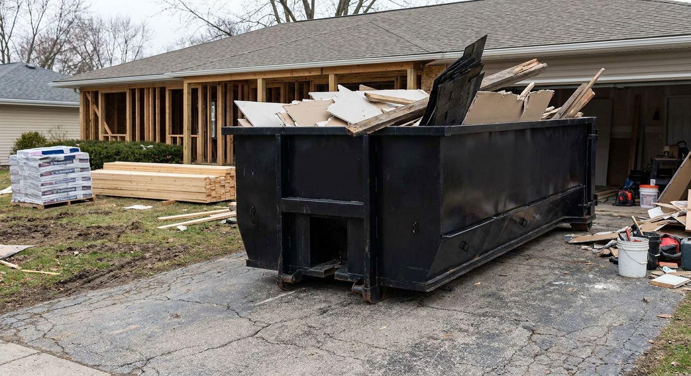 A matte-black 20-yard roll-off dumpster placed alongside a mid-renovation Bethlehem home directly on the asphalt driveway, with framing materials and torn-off shingles staged neatly nearby.