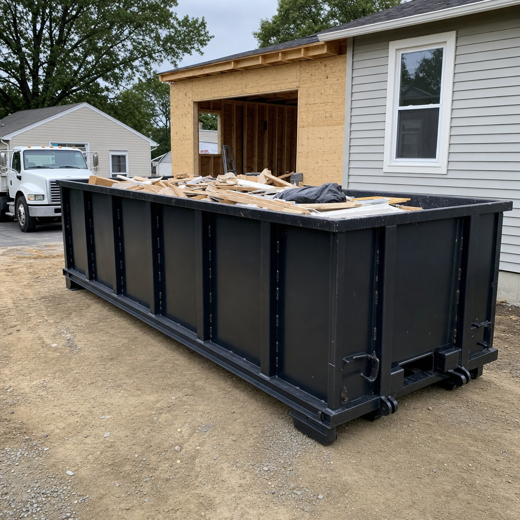 A matte-black 30-yard roll-off dumpster positioned at a Bethlehem residential addition jobsite, with framing lumber and drywall scraps loaded through the open swinging rear doors.