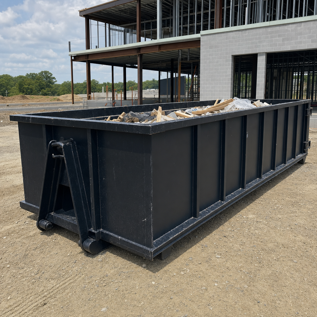 A matte-black 40-yard roll-off dumpster staged on a large Bethlehem commercial construction lot, with a hooklift delivery truck parked alongside under bright midday sky.