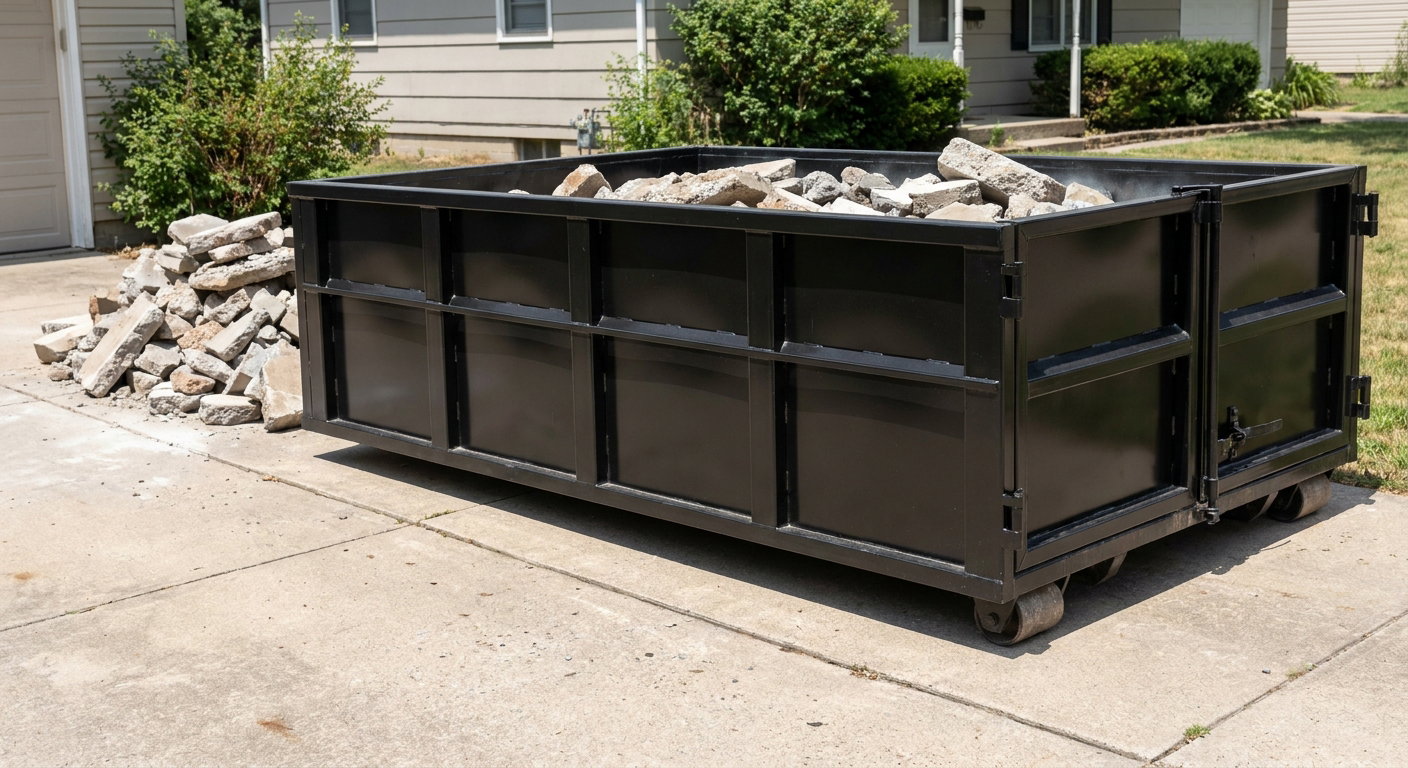 A matte-black low-side heavy-debris roll-off dumpster placed directly on a Bethlehem concrete driveway, with broken concrete chunks neatly stacked beside it under clean daylight.